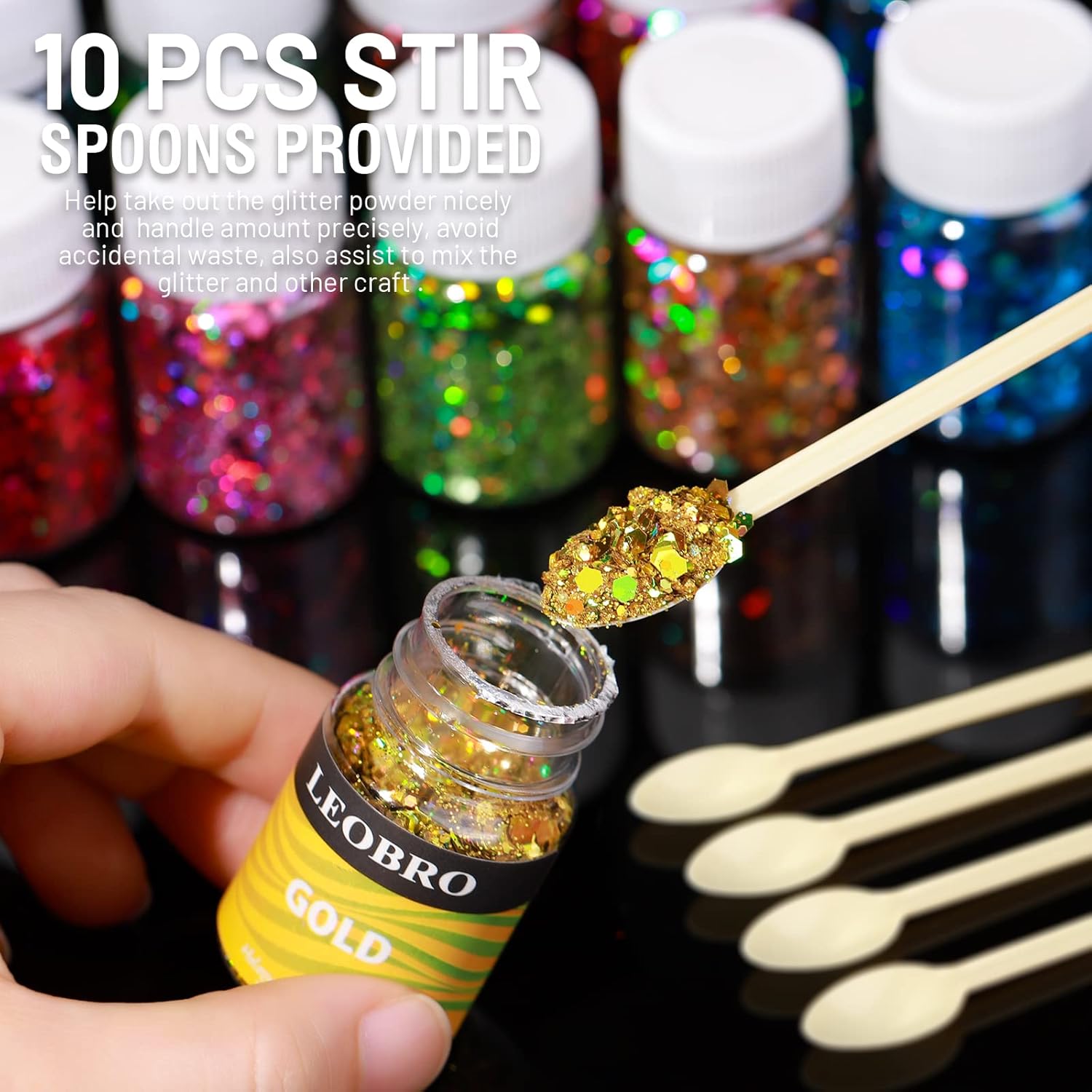 LEOBRO Holographic Chunky Glitter Set – 15 Colours with Stir Spoons for Crafts & Beauty (150g Total)