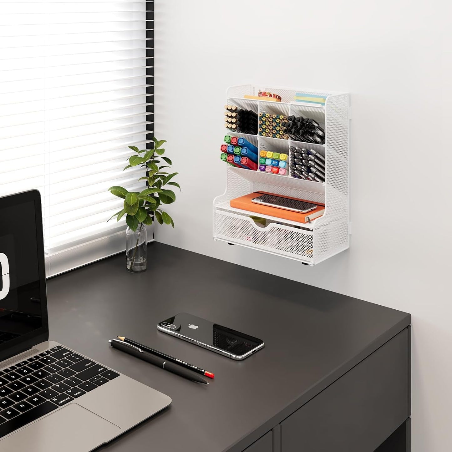 Metal Mesh Desk Organizer – 9-Compartment Wall-Mountable Pen & File Holder