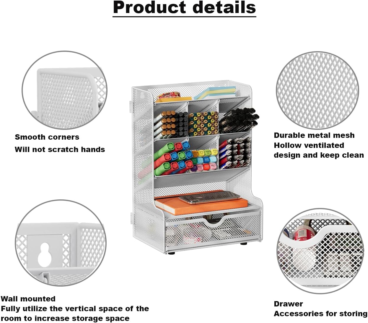 Metal Mesh Desk Organizer – 9-Compartment Wall-Mountable Pen & File Holder