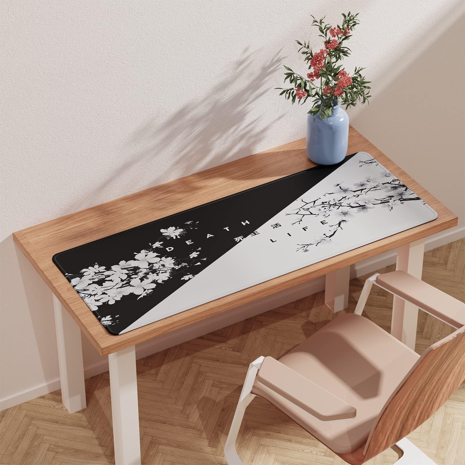 EFISH Black and White Japanese Cherry Tree Blosson Mouse Pad (31.5 × 11.8 × 0.12 Inch) Extended Large Mouse Mat Desk Pad, Stitched Edges Mousepad,Non-Slip Rubber Base,Gaming Mouse Pad