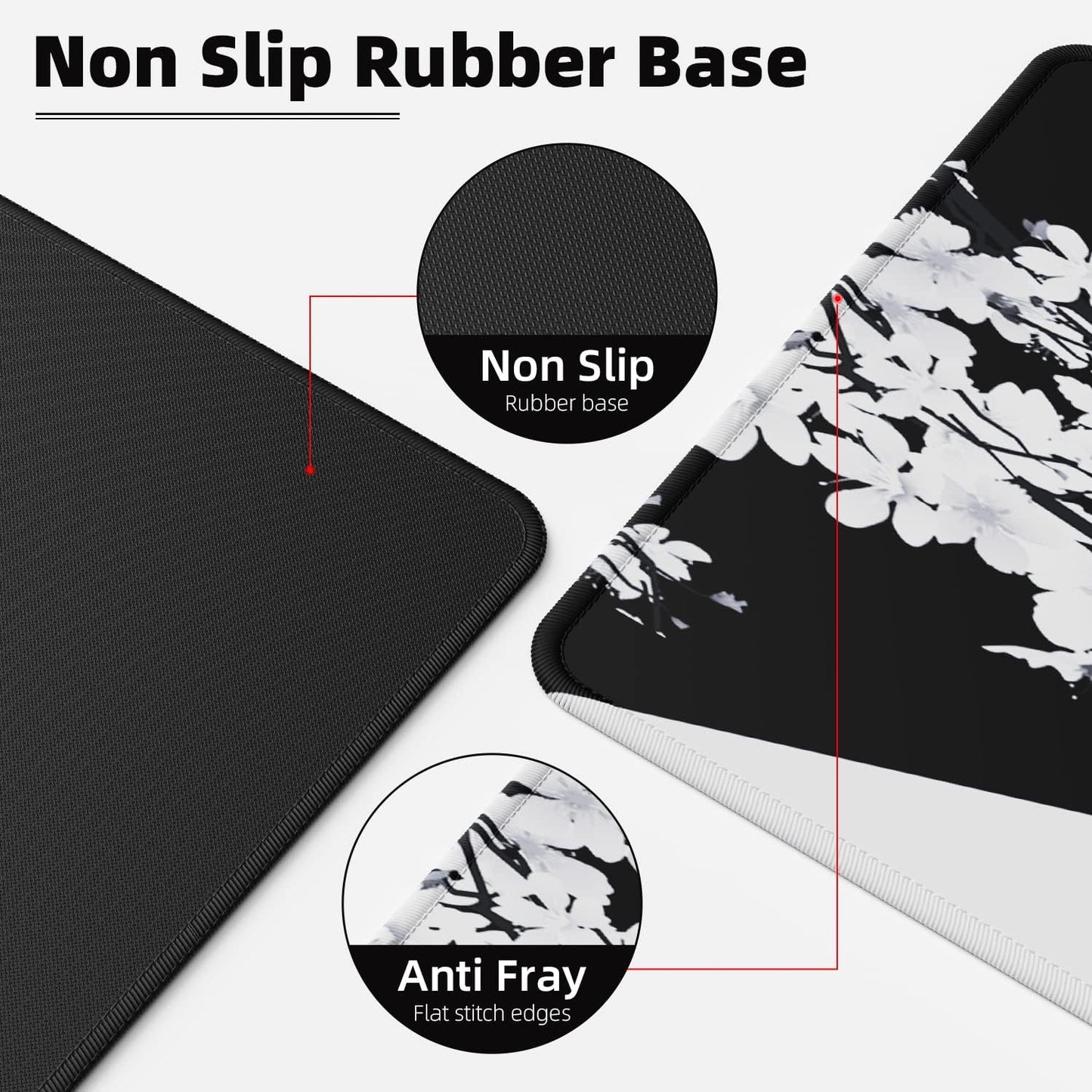 EFISH Black and White Japanese Cherry Tree Blosson Mouse Pad (31.5 × 11.8 × 0.12 Inch) Extended Large Mouse Mat Desk Pad, Stitched Edges Mousepad,Non-Slip Rubber Base,Gaming Mouse Pad