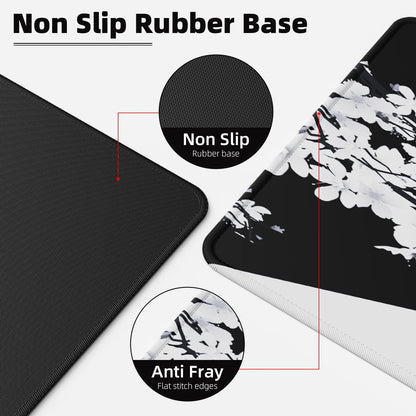 EFISH Black and White Japanese Cherry Tree Blosson Mouse Pad (31.5 × 11.8 × 0.12 Inch) Extended Large Mouse Mat Desk Pad, Stitched Edges Mousepad,Non-Slip Rubber Base,Gaming Mouse Pad