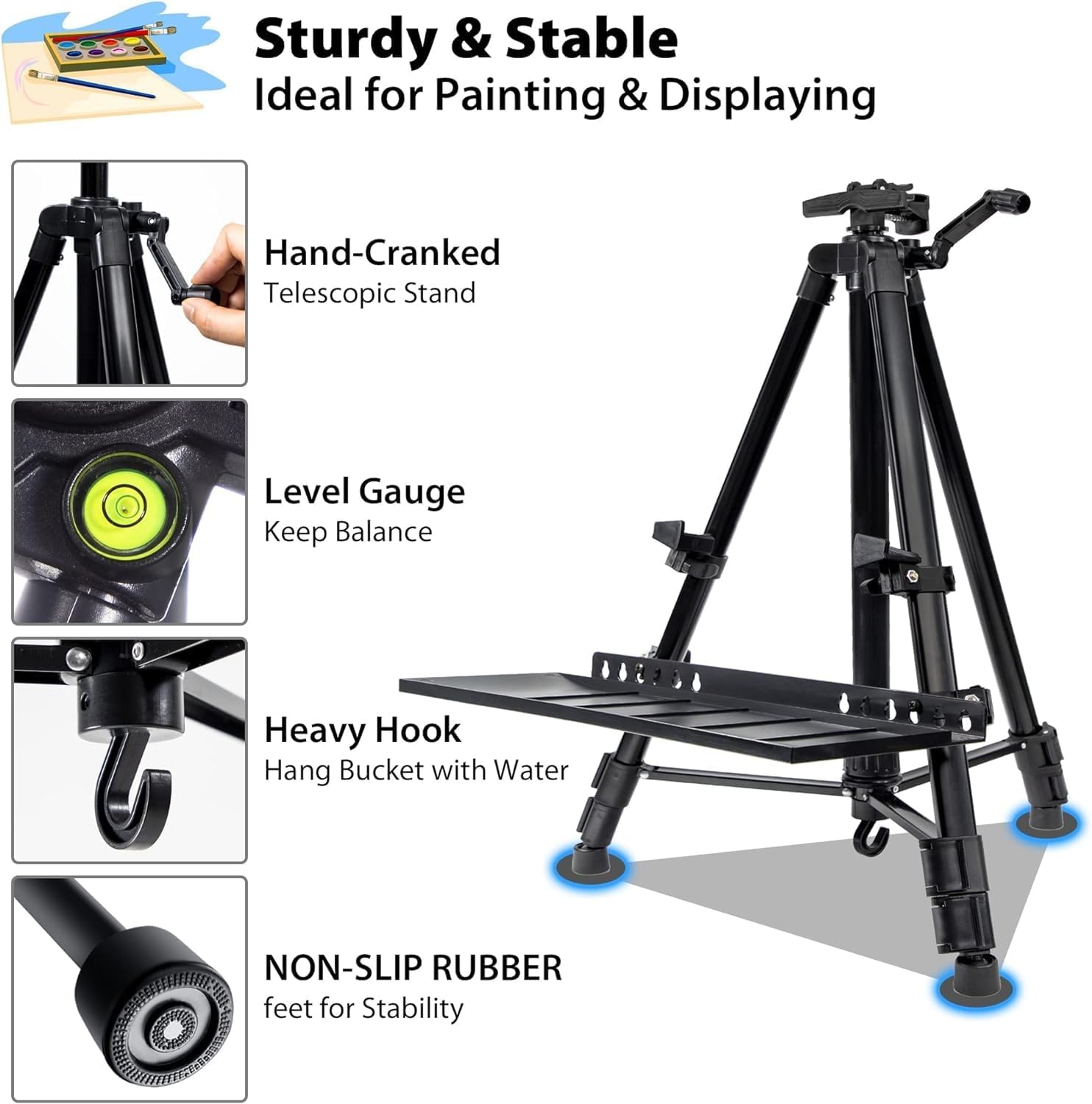 Art Easel Stand for Painting, Adjustable 51-155 Cm, Folding Tripod Display Easel, Artist Stand Easel with Bag/Keg, Tabletop and Floor Painting Display Drawing Art Sketch (Black)