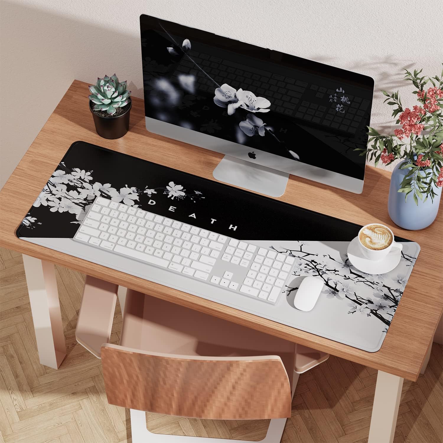 EFISH Black and White Japanese Cherry Tree Blosson Mouse Pad (31.5 × 11.8 × 0.12 Inch) Extended Large Mouse Mat Desk Pad, Stitched Edges Mousepad,Non-Slip Rubber Base,Gaming Mouse Pad