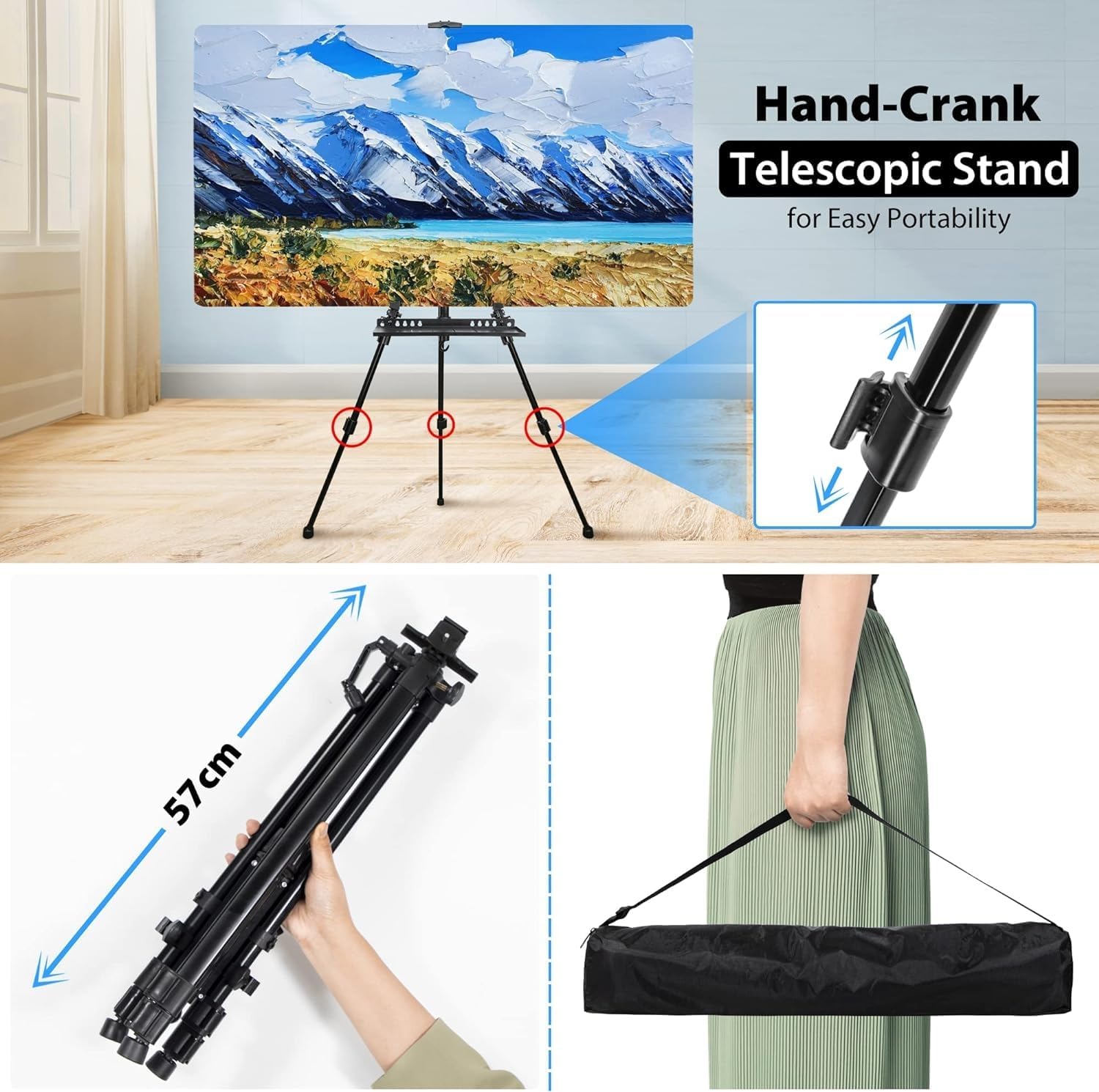 Art Easel Stand for Painting, Adjustable 51-155 Cm, Folding Tripod Display Easel, Artist Stand Easel with Bag/Keg, Tabletop and Floor Painting Display Drawing Art Sketch (Black)