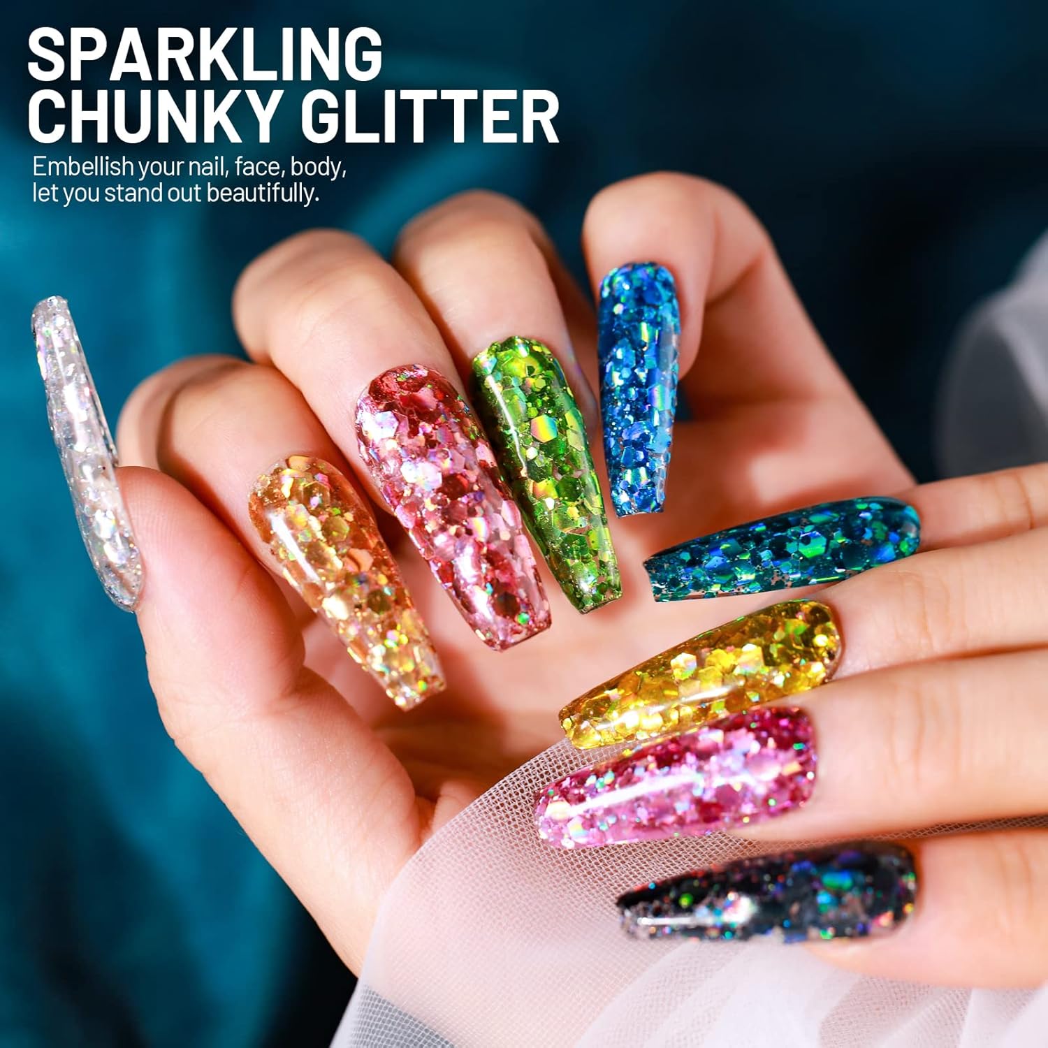 LEOBRO Holographic Chunky Glitter Set – 15 Colours with Stir Spoons for Crafts & Beauty (150g Total)