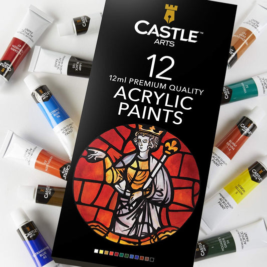 Castle Art Supplies 12 X 12Ml Acrylic Paints Tubes Set for Adults Artists Beginners | a Perfect Mix of Quality and Versatility - Vivid Colours - Easy to Blend and Good Coverage on Paper Canvas Wood or Fabric