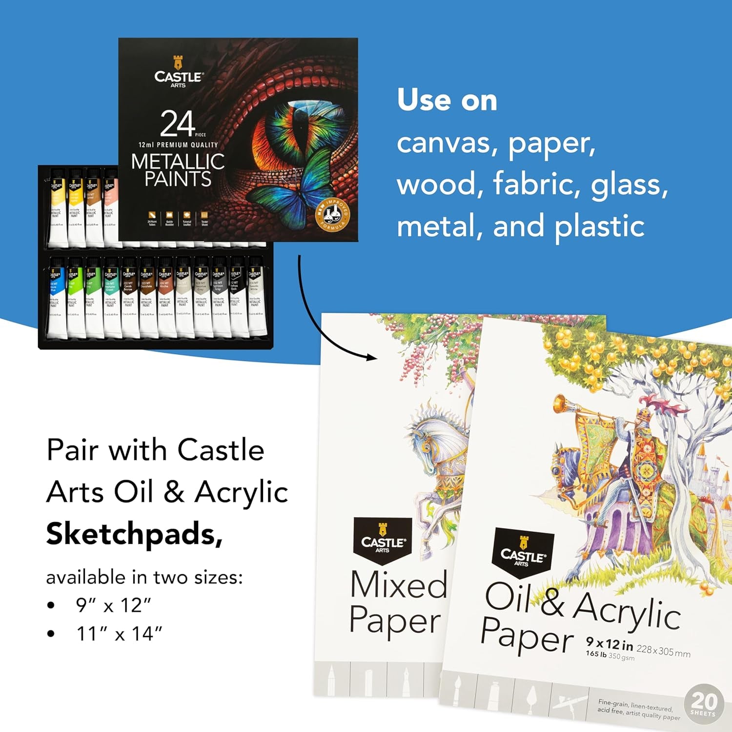Castle Art Supplies Metallic Acrylic Paints Set | New Improved Formula | 24 X 12Ml Tubes for Adult Artists, Beginners and Crafters to Add Shimmering Quality (New Improved Formula)