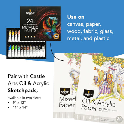 Castle Art Supplies Metallic Acrylic Paints Set | New Improved Formula | 24 X 12Ml Tubes for Adult Artists, Beginners and Crafters to Add Shimmering Quality (New Improved Formula)