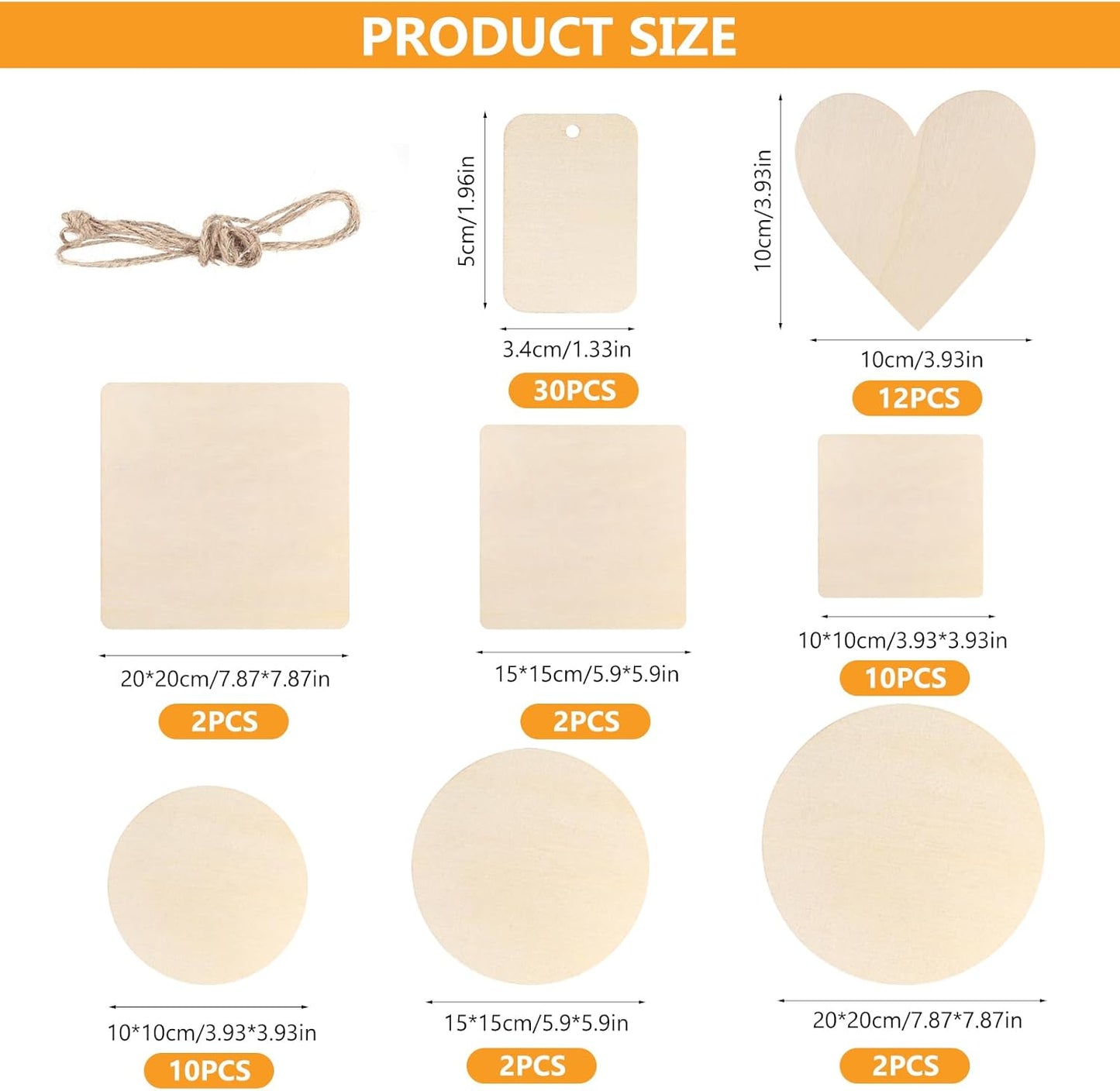 70X Unfinished Blank Wood Slices for Crafts, Unfinished round Circles Square Wood Pieces,Wooden Hearts for Crafting,Pyrography Woodcraft Wooden Discs for Crafts Coasters DIY Decor Painting(8 Sizes)
