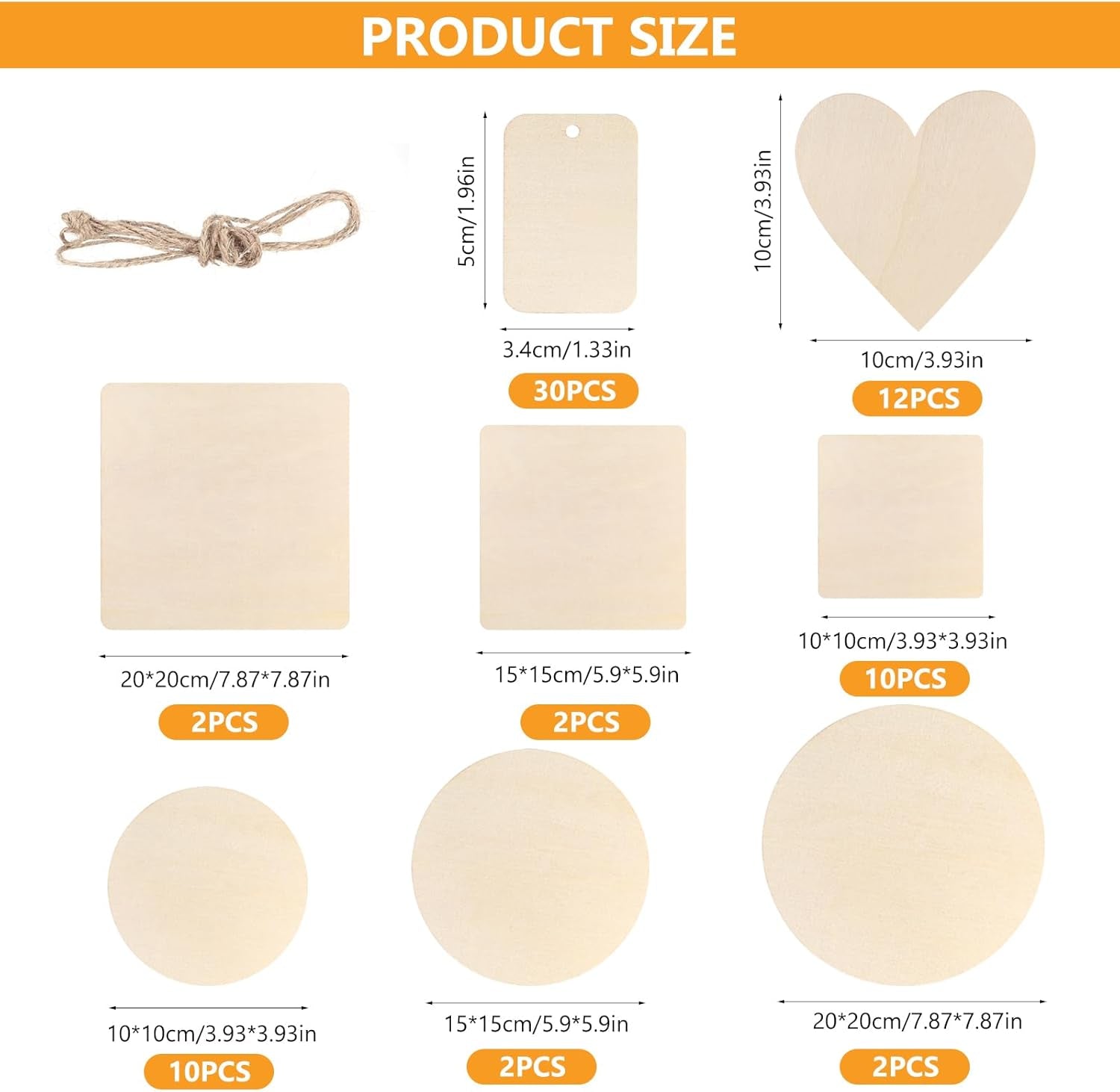 70X Unfinished Blank Wood Slices for Crafts, Unfinished round Circles Square Wood Pieces,Wooden Hearts for Crafting,Pyrography Woodcraft Wooden Discs for Crafts Coasters DIY Decor Painting(8 Sizes)