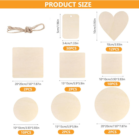 70X Unfinished Blank Wood Slices for Crafts, Unfinished round Circles Square Wood Pieces,Wooden Hearts for Crafting,Pyrography Woodcraft Wooden Discs for Crafts Coasters DIY Decor Painting(8 Sizes)