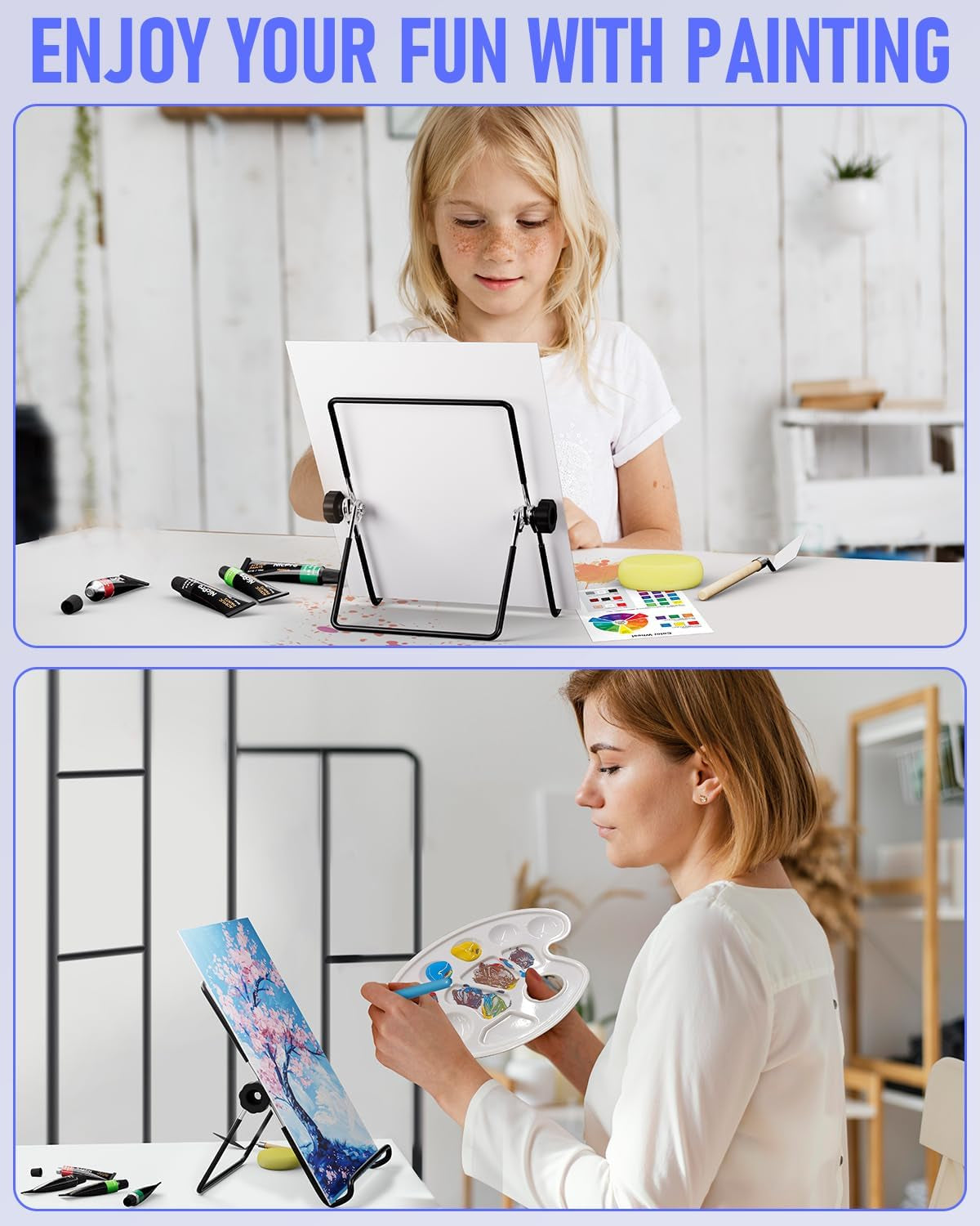 Nicpro Kids Paint Set, 34PCS Painting Supplies Kit Non Toxic,12 Colors Acrylic Paint, Table Easel, 6 Canvas Panels, 10 Brushes, Paper Pad, Sponge, Color Wheel, Palette for Adult Toddlers Beginner