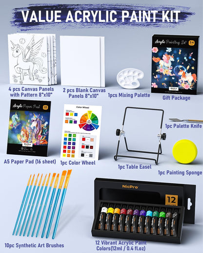 Nicpro 34PCS Kids Painting Set with Pattern Canvas, Art Painting Supplies Kit with 12 Acrylic Paints,10 Brushes,6 Canvas Panels,Table Easel,Paper Pad,Color Wheel,Palette for Beginner Student Toddlers