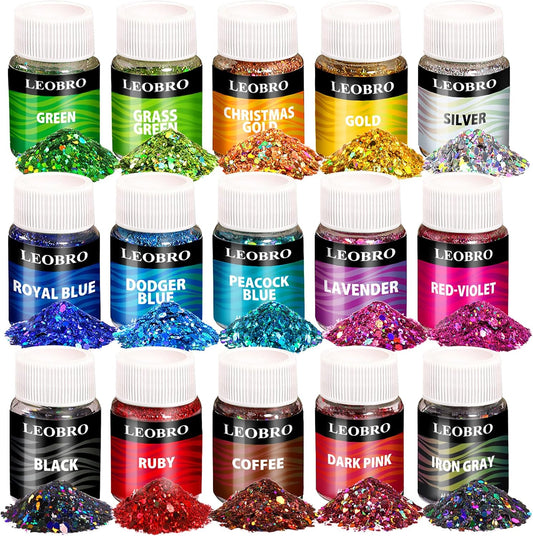LEOBRO Holographic Chunky Glitter Set – 15 Colours with Stir Spoons for Crafts & Beauty (150g Total)