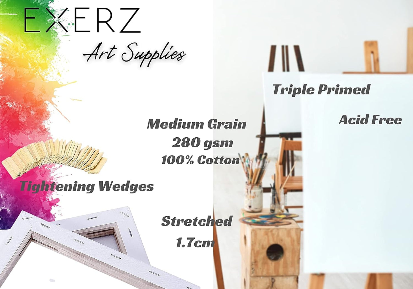Stretched Canvas – 100% Cotton, Triple-Primed, White (Multiple Sizes & Packs)
