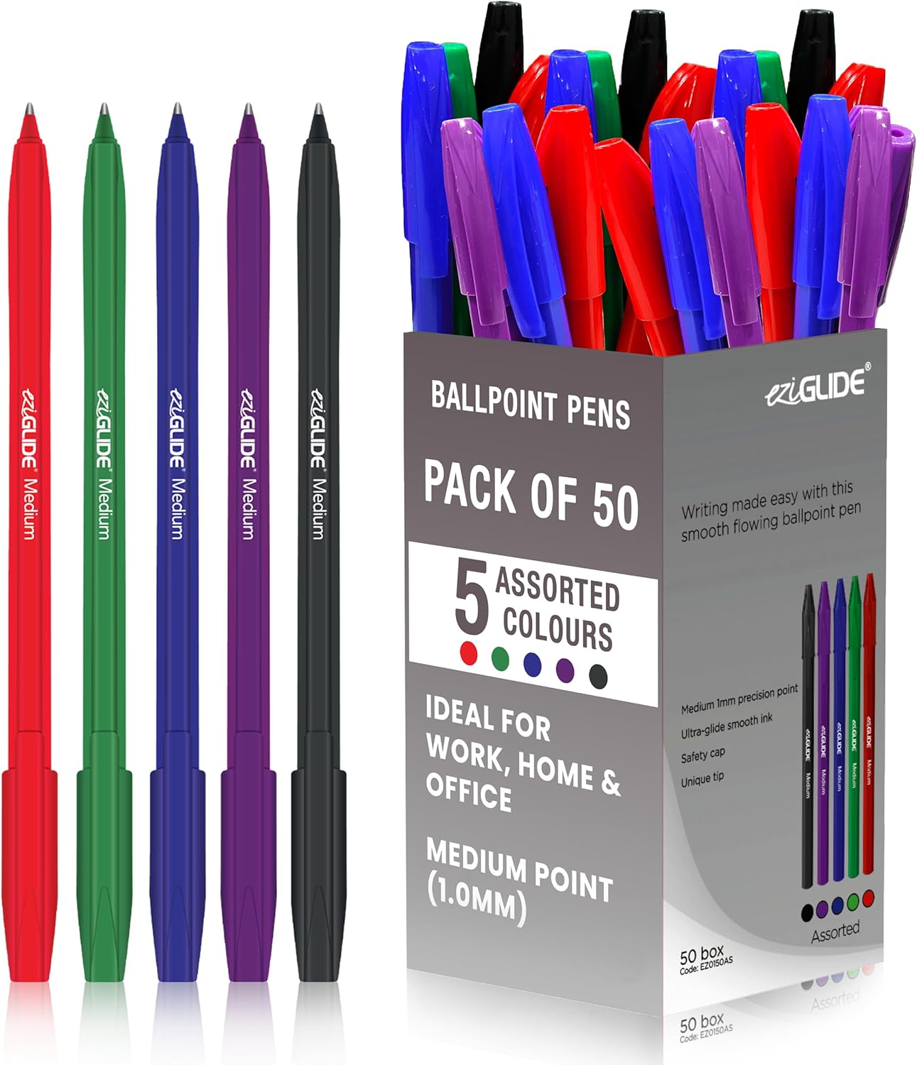Ballpoint Pens – Assorted Colours, 1.0mm Tip (Pack of 10 / 50 / 100)