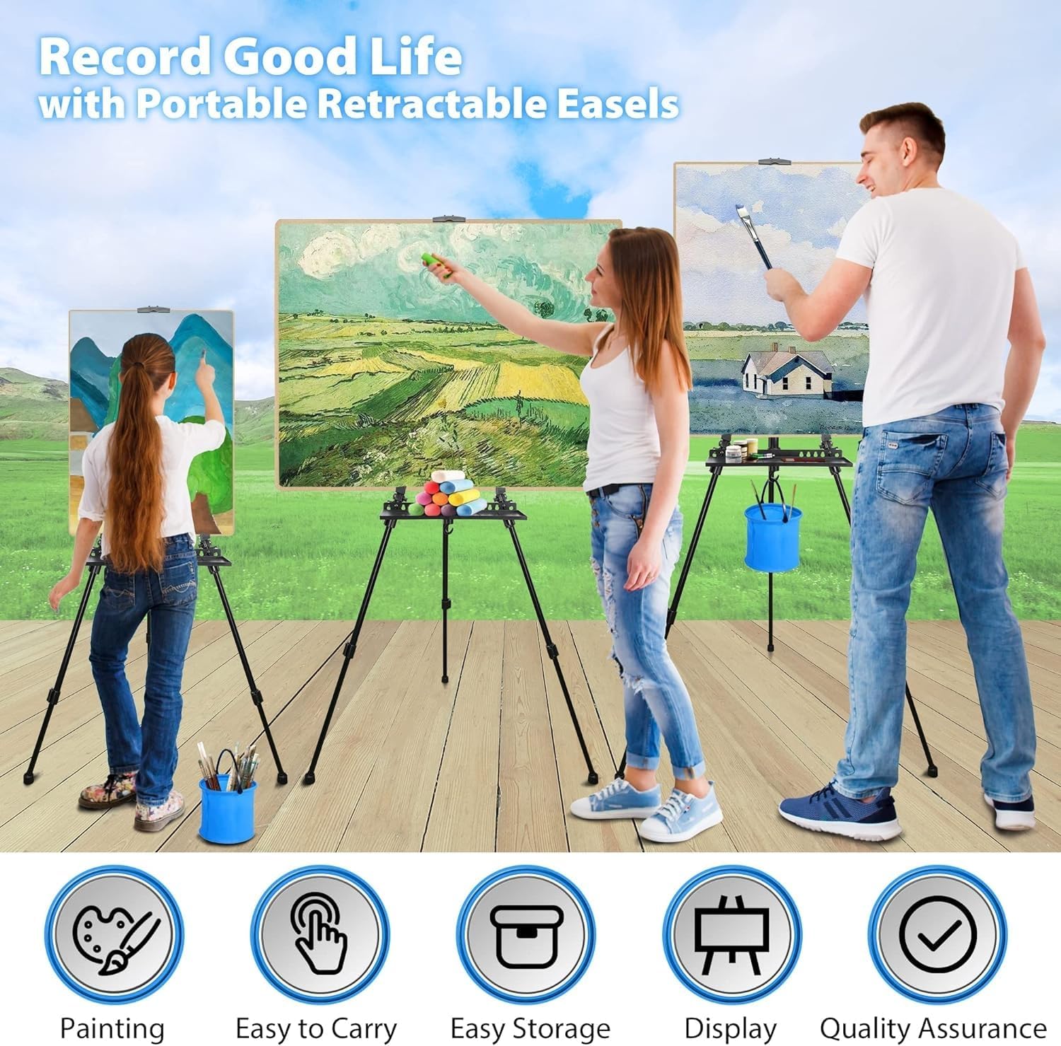 Art Easel Stand for Painting, Adjustable 51-155 Cm, Folding Tripod Display Easel, Artist Stand Easel with Bag/Keg, Tabletop and Floor Painting Display Drawing Art Sketch (Black)