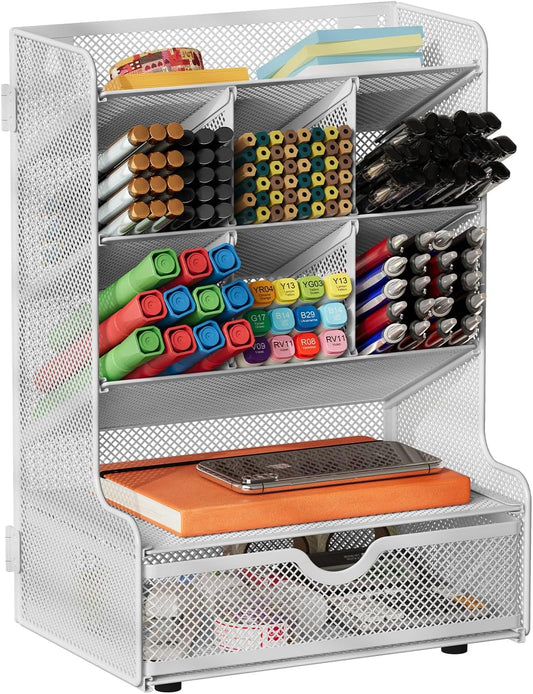 Metal Mesh Desk Organizer – 9-Compartment Wall-Mountable Pen & File Holder
