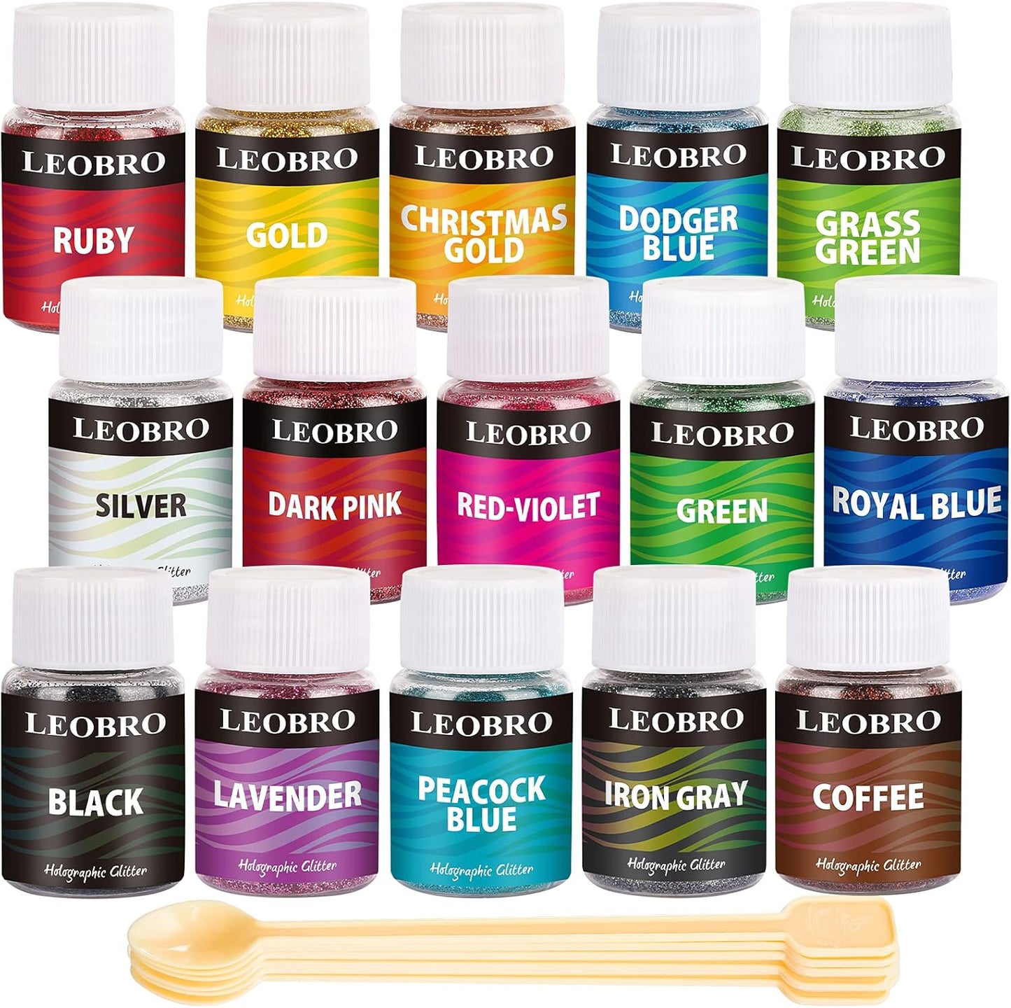 LEOBRO Holographic Chunky Glitter Set – 15 Colours with Stir Spoons for Crafts & Beauty (150g Total)