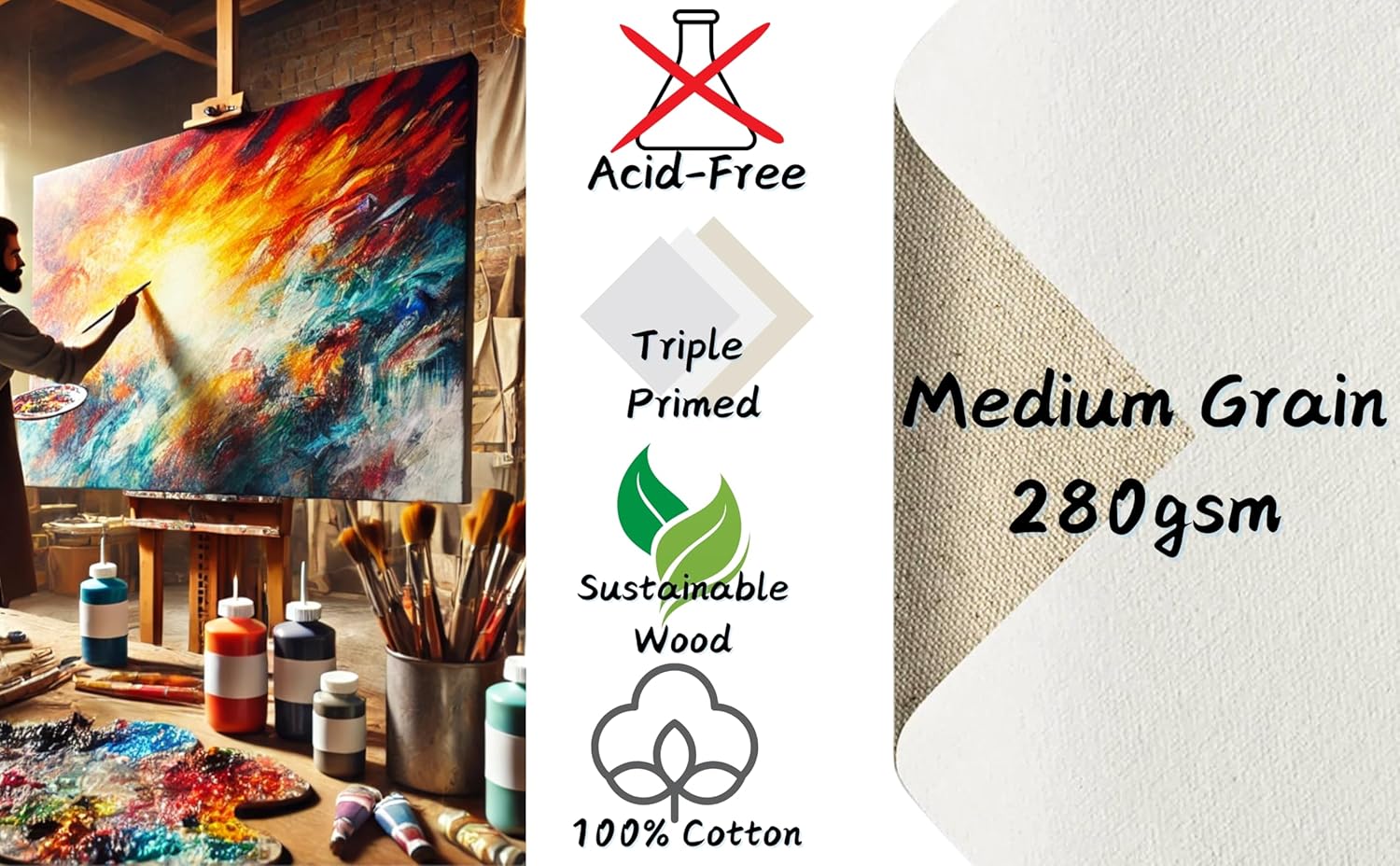 Stretched Canvas – 100% Cotton, Triple-Primed, White (Multiple Sizes & Packs)