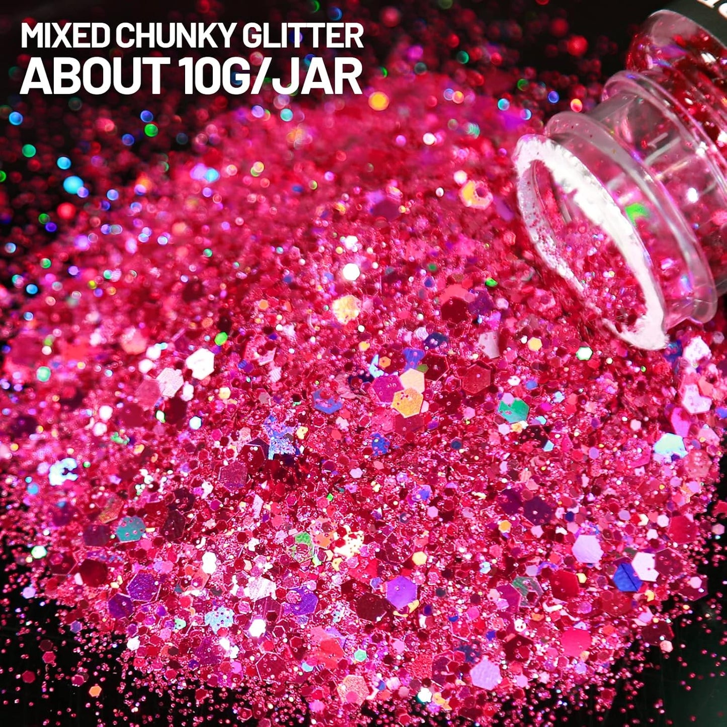 LEOBRO Holographic Chunky Glitter Set – 15 Colours with Stir Spoons for Crafts & Beauty (150g Total)