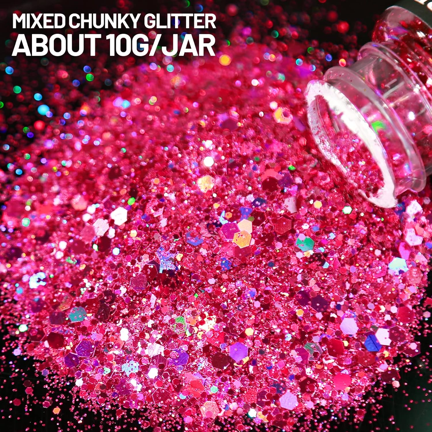 LEOBRO Holographic Chunky Glitter Set – 15 Colours with Stir Spoons for Crafts & Beauty (150g Total)