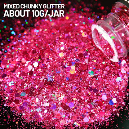 LEOBRO Holographic Chunky Glitter Set – 15 Colours with Stir Spoons for Crafts & Beauty (150g Total)