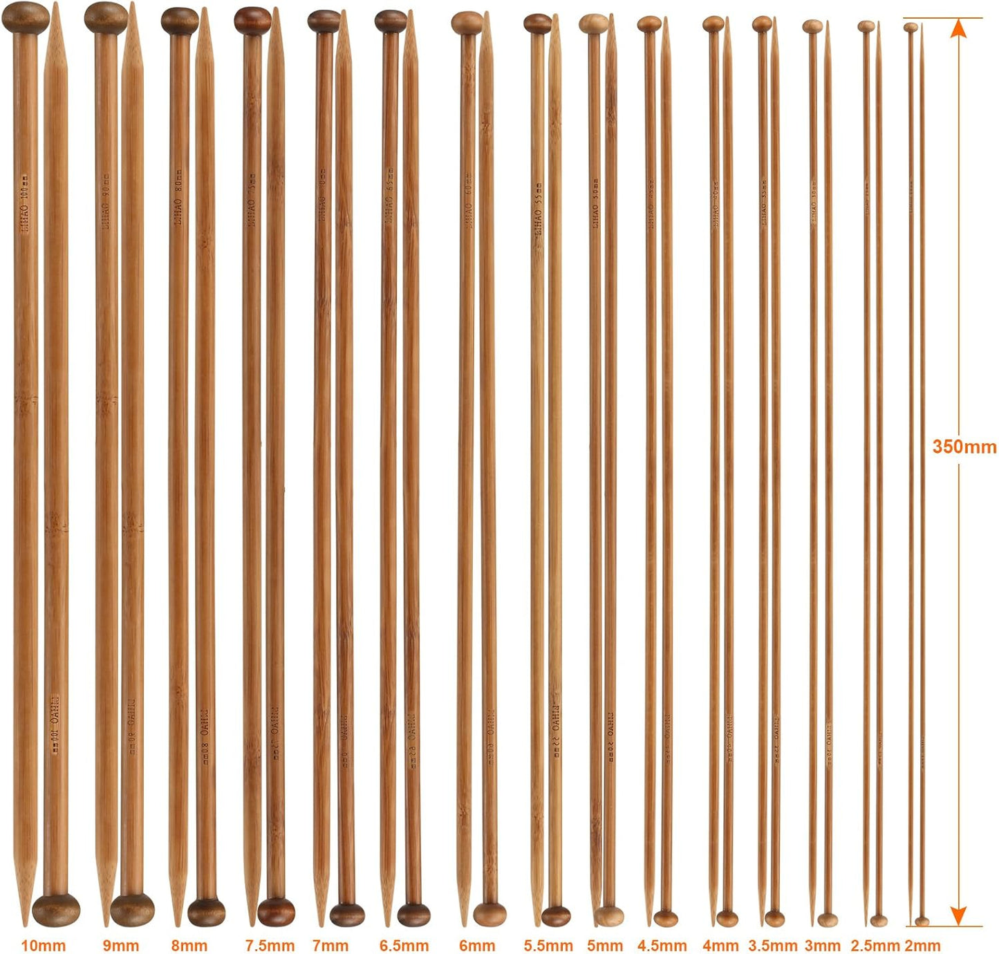 Bamboo Knitting Needles – 15 Pairs (2–10mm), 35cm Single-Pointed Set