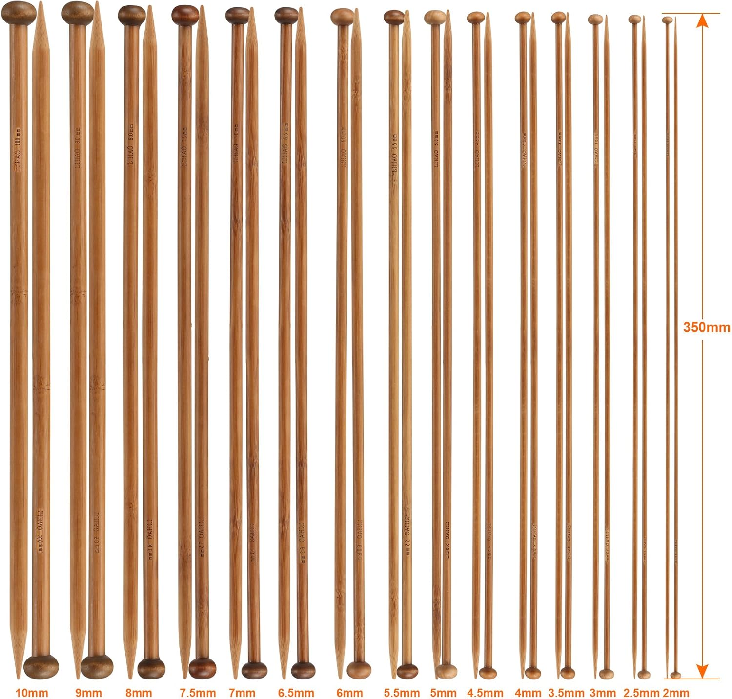 Bamboo Knitting Needles – 15 Pairs (2–10mm), 35cm Single-Pointed Set