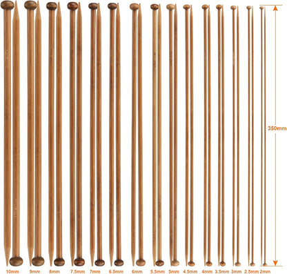 Bamboo Knitting Needles – 15 Pairs (2–10mm), 35cm Single-Pointed Set