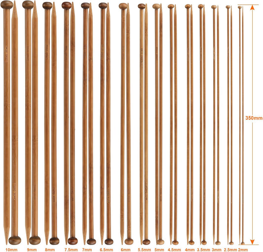Bamboo Knitting Needles – 15 Pairs (2–10mm), 35cm Single-Pointed Set