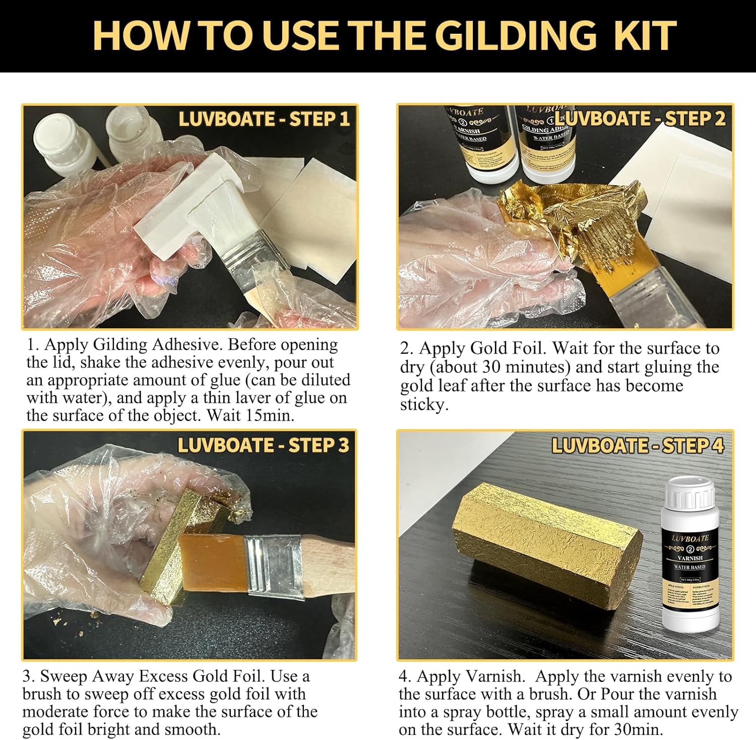 LUVBOATE Gold Leaf Gilding Kit – Complete 100-Piece Set with Adhesive, Varnish & Tools
