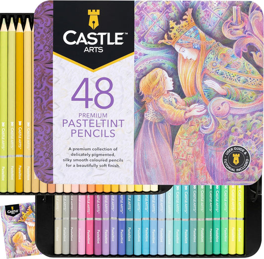 Castle Art Supplies 48 Pasteltint Coloured Pencils Set | Quality Colours in Softer, Sumptuous Tones | for Professional and Adult Artists | Protected and Organised in Presentation Tin Box