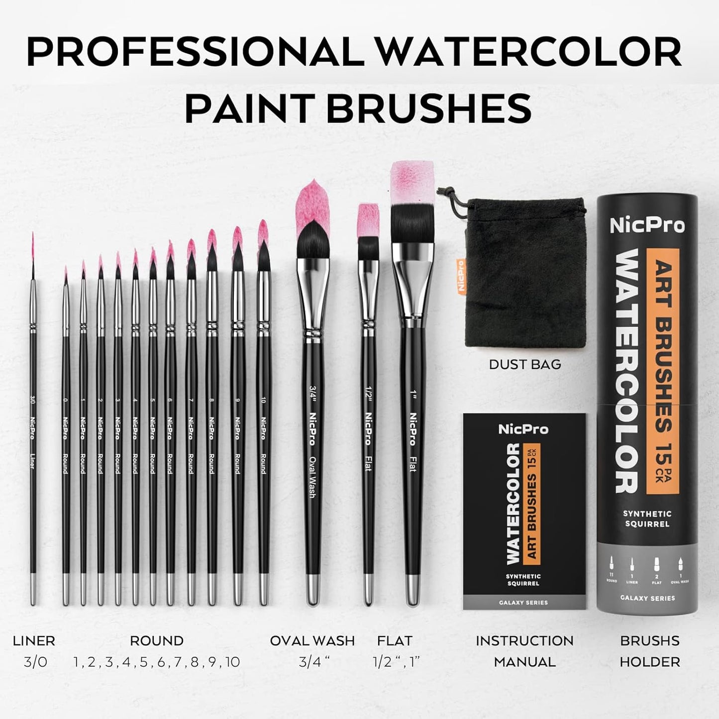 Nicpro 15PCS Watercolor Brushes Set, Soft Synthetic Squirrel Paint Brushes, Professional Water Color Paint Brush, Round, Cat Tongue, Liner, Flat, Wash for Artists, Adult, Watercolor, Inks, Gouache