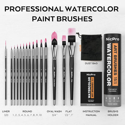 Nicpro 15PCS Watercolor Brushes Set, Soft Synthetic Squirrel Paint Brushes, Professional Water Color Paint Brush, Round, Cat Tongue, Liner, Flat, Wash for Artists, Adult, Watercolor, Inks, Gouache