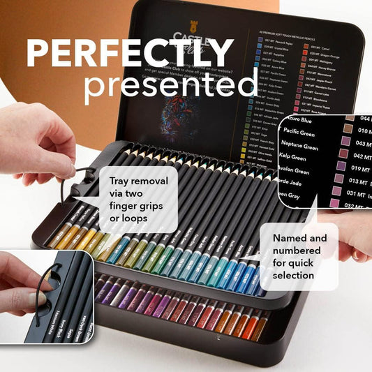 Castle Art Supplies Metallic Pencils Set | 48 Shimmering Shades with Premium Quality Wax Cores for Professional, Adult Artists and Colourists | Protected and Organised in Presentation Tin Box