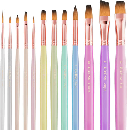 Nicpro 12 PCS Artist Paint Brush Set, Aesthetic Pastel Paintbrushes Craft Paint Brushes for Acrylic Painting, Oil, Watercolour, Gouache, Tempera, Face, Art Supplies for Artists and Beginners