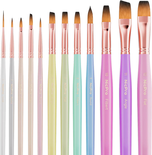 Nicpro 12 PCS Artist Paint Brush Set, Aesthetic Pastel Paintbrushes Craft Paint Brushes for Acrylic Painting, Oil, Watercolour, Gouache, Tempera, Face, Art Supplies for Artists and Beginners