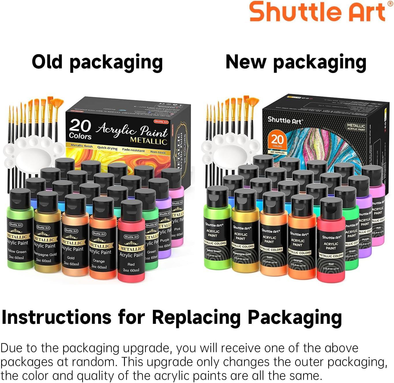 Shuttle Art 20-Colour Metallic Acrylic Paint Set + Brushes & Palette