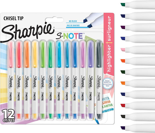 Sharpie S-Note Highlighter Pens | Part Art Marker Pen, Part Highlighter to Draw, Write & More | Assorted Pastel Colours | Chisel Tip | 12 Count