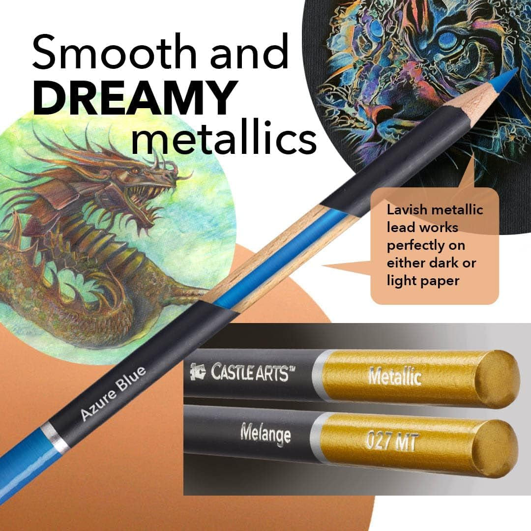 Castle Art Supplies Metallic Pencils Set | 48 Shimmering Shades with Premium Quality Wax Cores for Professional, Adult Artists and Colourists | Protected and Organised in Presentation Tin Box