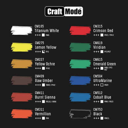 Craft Mode Acrylic Paint Set 12 12Ml Perfect for Canvas, Wood, Ceramic, Rock, Fabric & Crafts. Non-Toxic, Quick Dry & Vibrant Colours. Rich Pigments, Lasting Qualit