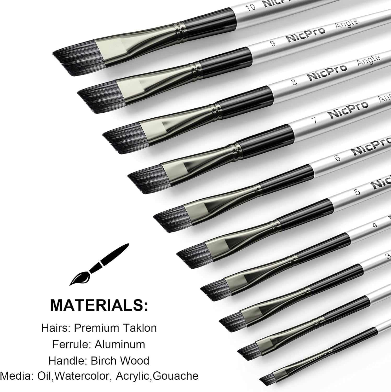 Nicpro 10 PCS Angular Paint Brush Set, Soft Anti-Shedding Nylon Hair Long Handle Angled Paint Brushes, Suitable for Artists and Beginners for Watercolour, Acrylics, Ink, Gouache, Oil, Tempera