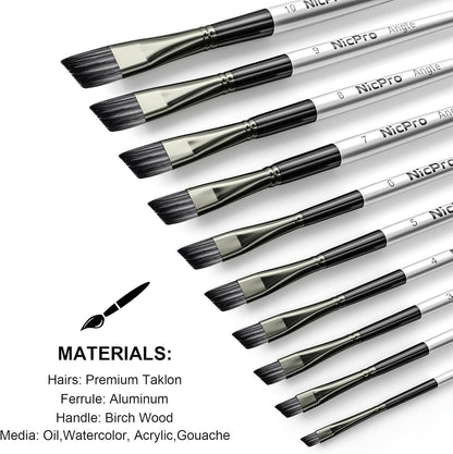Nicpro 10 PCS Angular Paint Brush Set, Soft Anti-Shedding Nylon Hair Long Handle Angled Paint Brushes, Suitable for Artists and Beginners for Watercolour, Acrylics, Ink, Gouache, Oil, Tempera