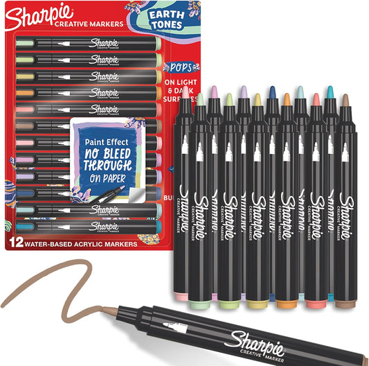 Sharpie Creative Marker Acrylic Paint Pens | Earth Tones | Water-Based Paint Markers | No-Bleed Ink Writes on Most Surfaces | Bullet Tip | School & Revision Supplies | Assorted Colours | 12 Count