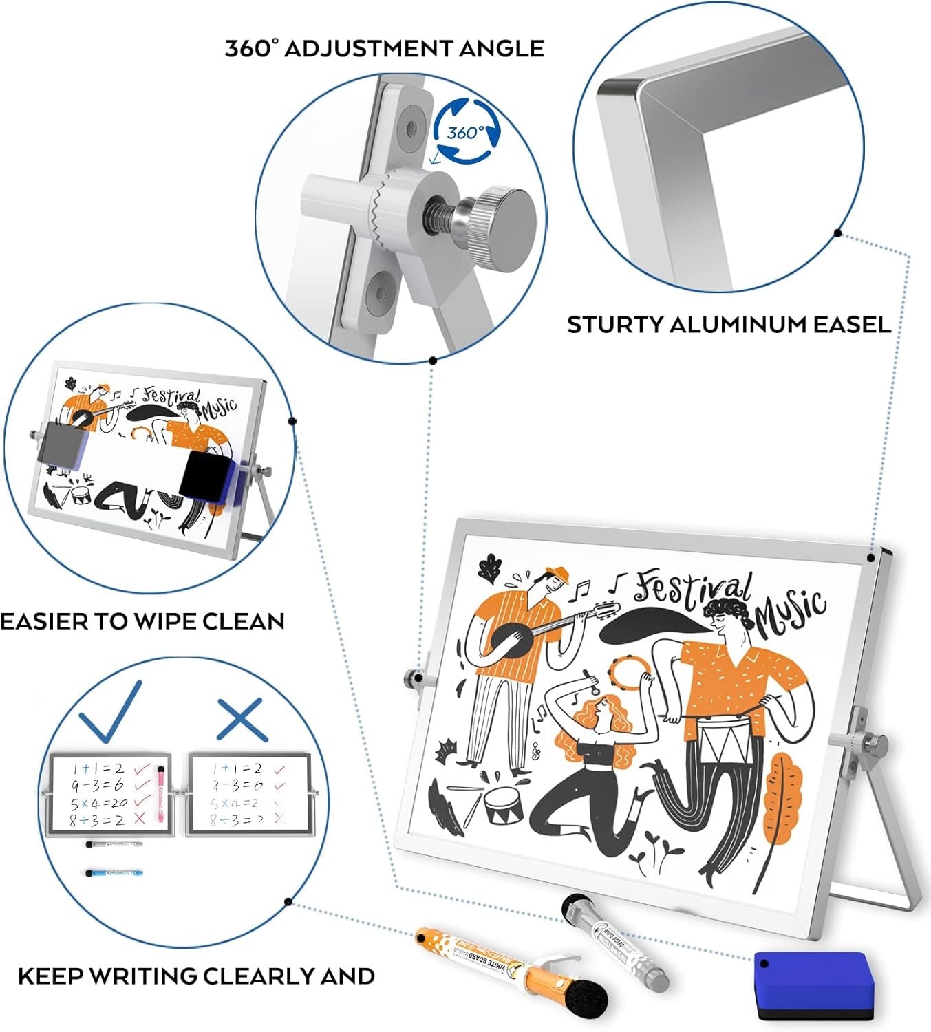 Nicpro Dry Erase Mini Whiteboard A4, 20 X 30 Cm Double Sided Small Magnetic Desktop White Board with Stand, 8 Pens, 1 Eraser,4 Magnet, Portable Board Easel for Kids Students School Supplies Office