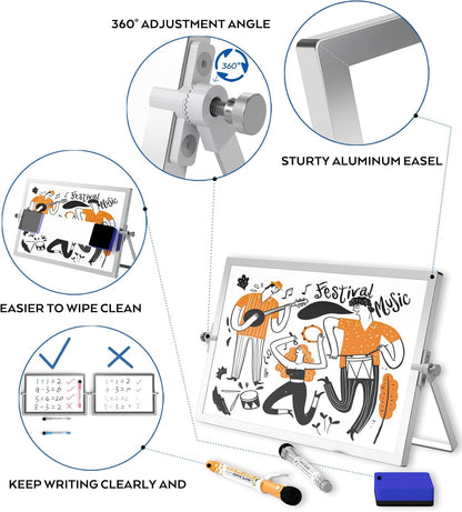 Nicpro Dry Erase Mini Whiteboard A4, 20 X 30 Cm Double Sided Small Magnetic Desktop White Board with Stand, 8 Pens, 1 Eraser,4 Magnet, Portable Board Easel for Kids Students School Supplies Office