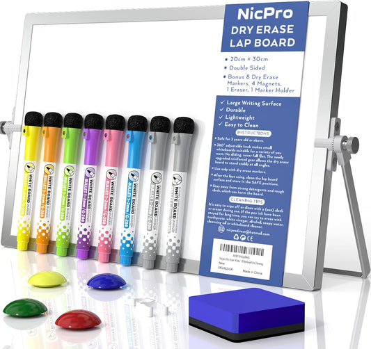 Nicpro Dry Erase Mini Whiteboard A4, 20 X 30 Cm Double Sided Small Magnetic Desktop White Board with Stand, 8 Pens, 1 Eraser,4 Magnet, Portable Board Easel for Kids Students School Supplies Office