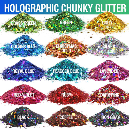 LEOBRO Holographic Chunky Glitter Set – 15 Colours with Stir Spoons for Crafts & Beauty (150g Total)